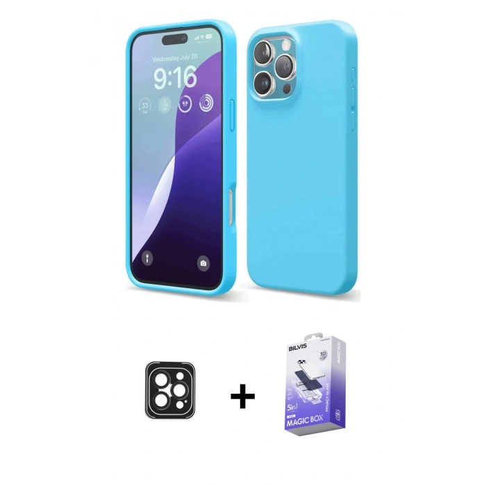 MARSİLYAN™- iPhone 16 Pro Max Kılıf Ahenk Serisi - Siyah Bilvis 5in1 5D Magic Hayalet Cam Ekran Koruyucu + PVD Metal Kamera Lens - SH
