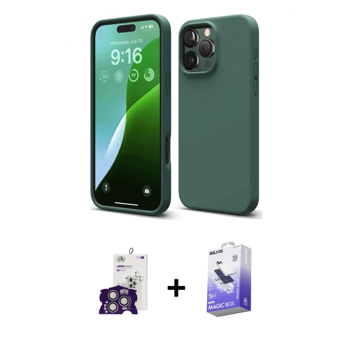MARSİLYAN™- iPhone 16 Pro Max Kılıf Ahenk Serisi - Siyah Bilvis 5in1 5D Magic Hayalet Cam Ekran Koruyucu + Gümüş Bilvis Titan Kamera Lens