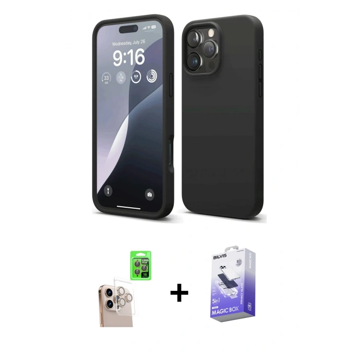 MARSİLYAN™- iPhone 16 Pro Max Kılıf Ahenk Serisi - Siyah Bilvis 5in1 5D Magic Hayalet Cam Ekran Koruyucu + Raze Metal Kamera Lens - NLGY