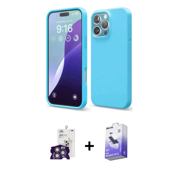 MARSİLYAN™- iPhone 16 Pro Max Kılıf Ahenk Serisi - Siyah Bilvis 5in1 5D Magic Hayalet Cam Ekran Koruyucu + Gümüş Bilvis Titan Kamera Lens