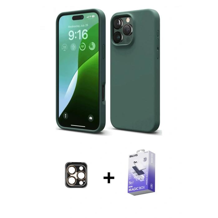 MARSİLYAN™- iPhone 16 Pro Max Kılıf Ahenk Serisi - Siyah Bilvis 5in1 5D Magic Hayalet Cam Ekran Koruyucu + PVD Metal Kamera Lens - GD