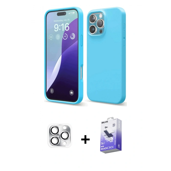 MARSİLYAN™- iPhone 16 Pro Max Kılıf Ahenk Serisi - Siyah Bilvis 5in1 5D Magic Hayalet Cam Ekran Koruyucu + Pers Alüminyum Kamera Lens - GS