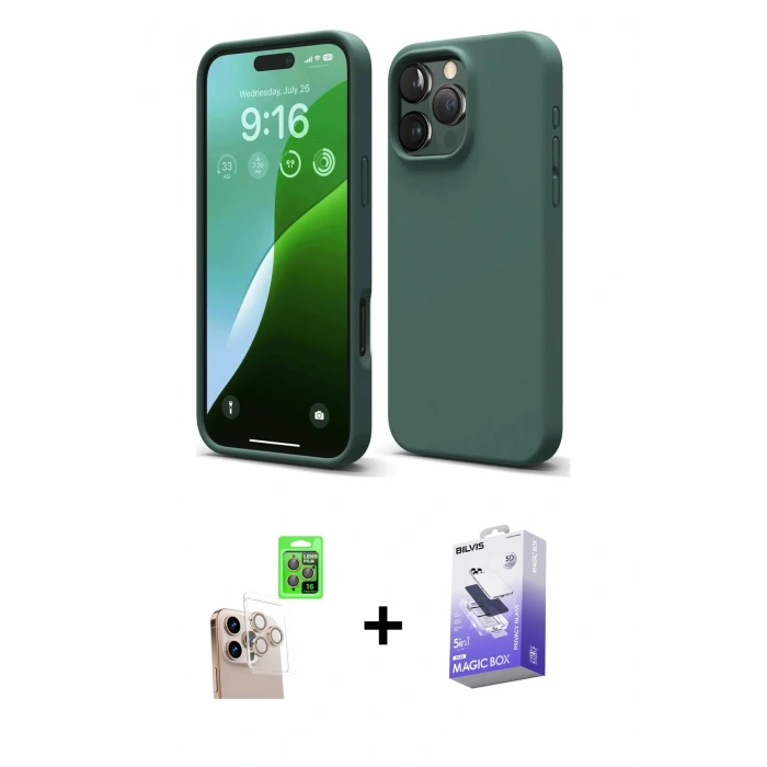 MARSİLYAN™- iPhone 16 Pro Max Kılıf Ahenk Serisi - Siyah Bilvis 5in1 5D Magic Hayalet Cam Ekran Koruyucu + Raze Metal Kamera Lens - NLGY