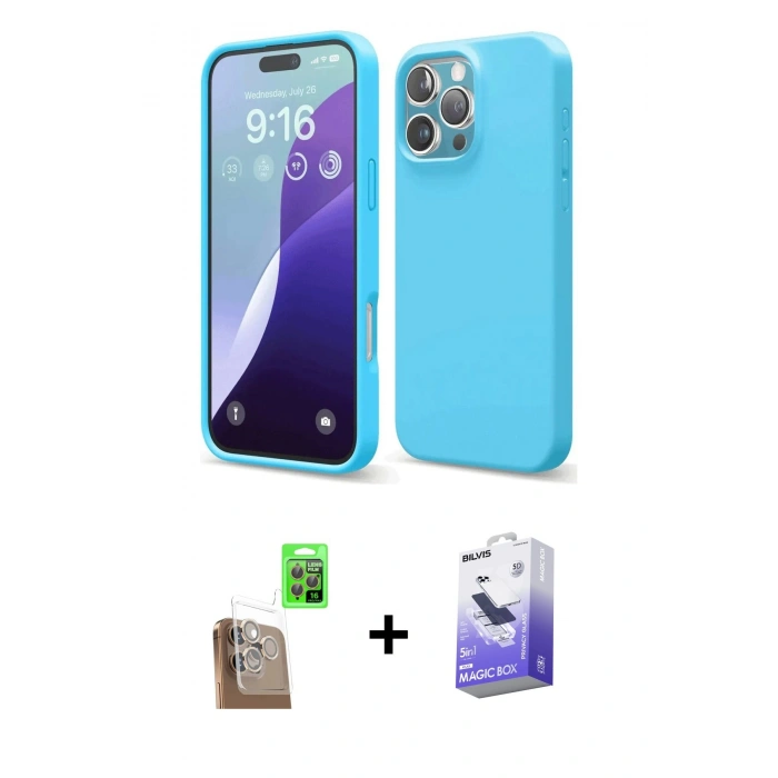 MARSİLYAN™- iPhone 16 Pro Max Kılıf Ahenk Serisi - Siyah Bilvis 5in1 5D Magic Hayalet Cam Ekran Koruyucu + Raze Metal Kamera Lens - CLTM