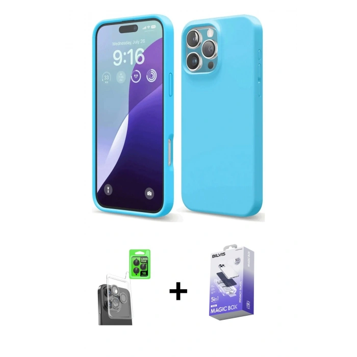 MARSİLYAN™- iPhone 16 Pro Max Kılıf Ahenk Serisi - Siyah Bilvis 5in1 5D Magic Hayalet Cam Ekran Koruyucu + Raze Metal Kamera Lens - SH
