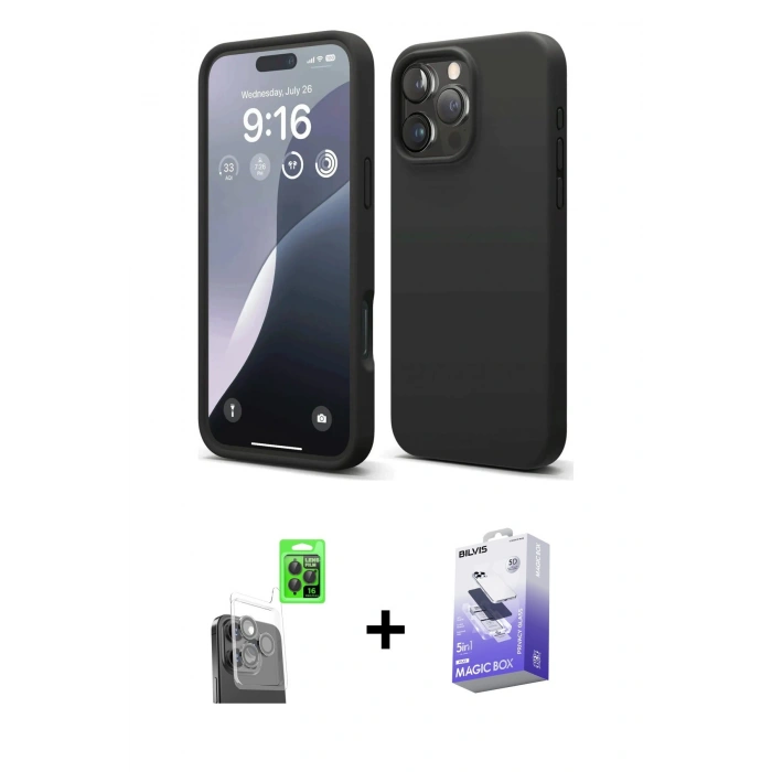 MARSİLYAN™- iPhone 16 Pro Max Kılıf Ahenk Serisi - Siyah Bilvis 5in1 5D Magic Hayalet Cam Ekran Koruyucu + Raze Metal Kamera Lens - SH