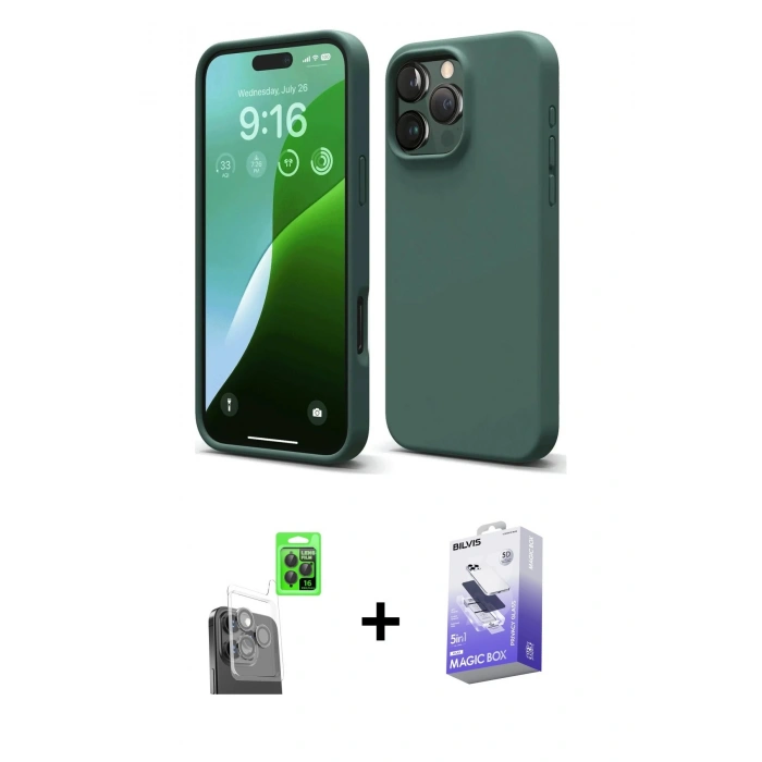 MARSİLYAN™- iPhone 16 Pro Max Kılıf Ahenk Serisi - Siyah Bilvis 5in1 5D Magic Hayalet Cam Ekran Koruyucu + Raze Metal Kamera Lens - SH