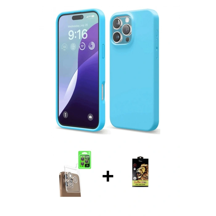 MARSİLYAN™- iPhone 16 Pro Max Kılıf Ahenk Serisi - Siyah Buffer Cam Ekran Koruyucu + Raze Metal Kamera Lens - CLTM