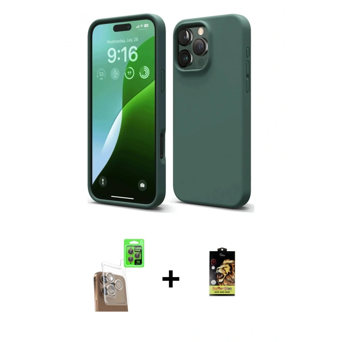 MARSİLYAN™- iPhone 16 Pro Max Kılıf Ahenk Serisi - Siyah Buffer Cam Ekran Koruyucu + Raze Metal Kamera Lens - CLTM