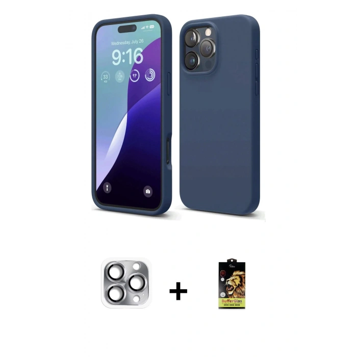 MARSİLYAN™- iPhone 16 Pro Max Kılıf Ahenk Serisi - Siyah Buffer Cam Ekran Koruyucu + Pers Alüminyum Kamera Lens - GI