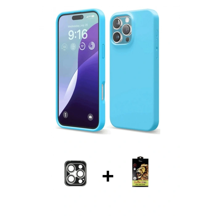 MARSİLYAN™- iPhone 16 Pro Max Kılıf Ahenk Serisi - Siyah Buffer Cam Ekran Koruyucu + Gümüş PVD Metal Kamera Lens