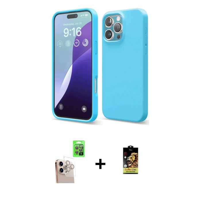 MARSİLYAN™- iPhone 16 Pro Max Kılıf Ahenk Serisi - Siyah Buffer Cam Ekran Koruyucu + Raze Metal Kamera Lens - NLGY