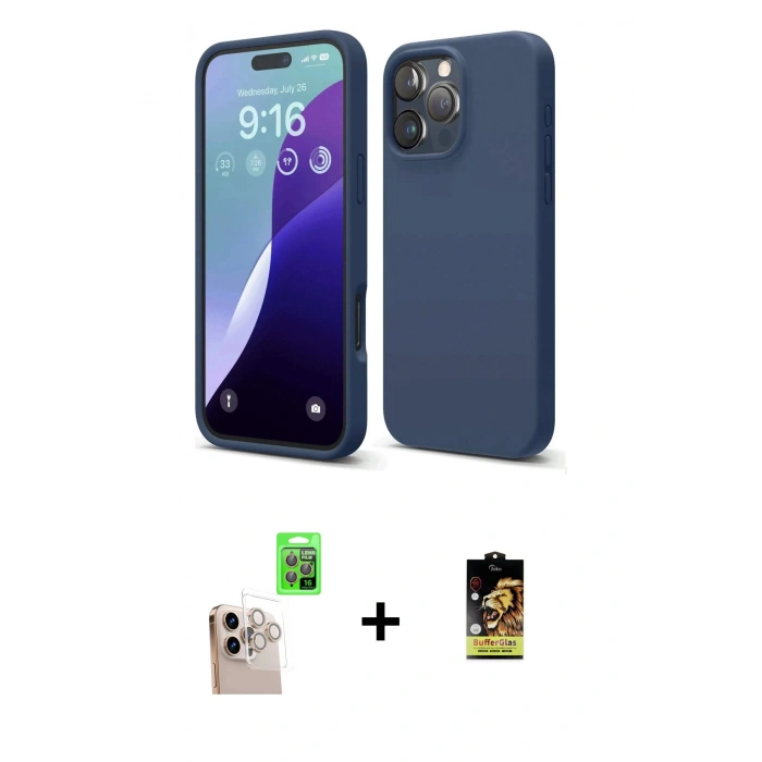 MARSİLYAN™- iPhone 16 Pro Max Kılıf Ahenk Serisi - Siyah Buffer Cam Ekran Koruyucu + Raze Metal Kamera Lens - NLGY