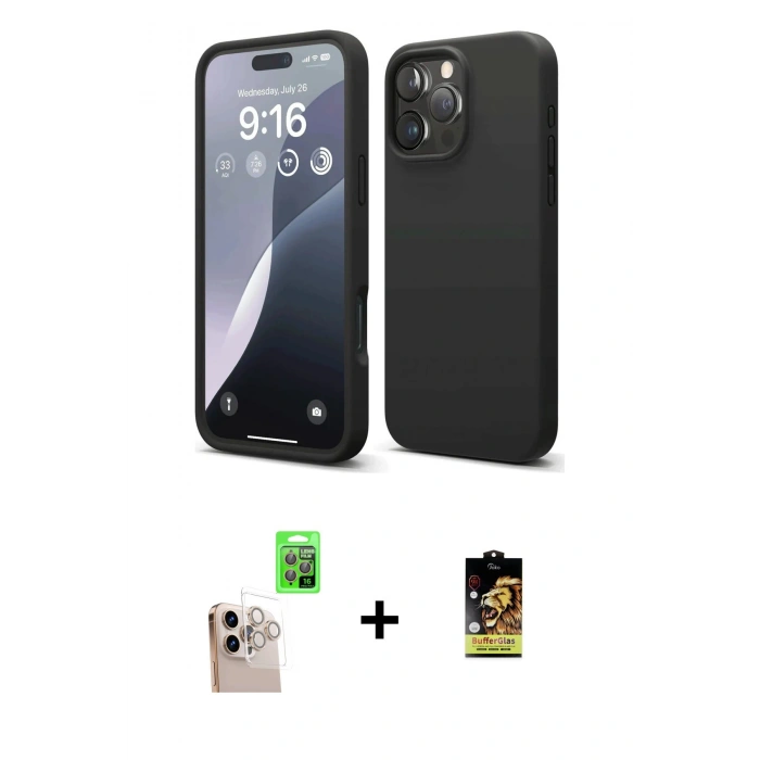 MARSİLYAN™- iPhone 16 Pro Max Kılıf Ahenk Serisi - Siyah Buffer Cam Ekran Koruyucu + Raze Metal Kamera Lens - NLGY