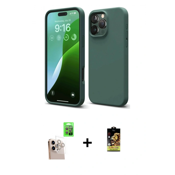 MARSİLYAN™- iPhone 16 Pro Max Kılıf Ahenk Serisi - Siyah Buffer Cam Ekran Koruyucu + Raze Metal Kamera Lens - NLGY