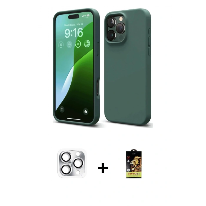 MARSİLYAN™- iPhone 16 Pro Max Kılıf Ahenk Serisi - Siyah Buffer Cam Ekran Koruyucu + Pers Alüminyum Kamera Lens - GS