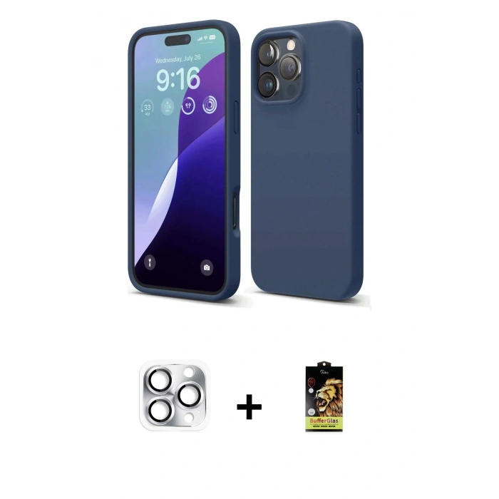 MARSİLYAN™- iPhone 16 Pro Max Kılıf Ahenk Serisi - Siyah Buffer Cam Ekran Koruyucu + Pers Alüminyum Kamera Lens - GS