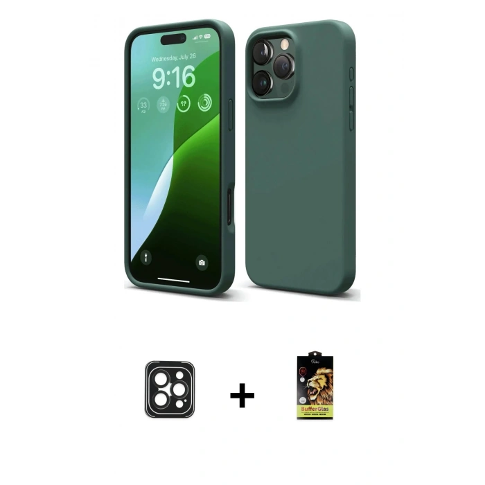 MARSİLYAN™- iPhone 16 Pro Max Kılıf Ahenk Serisi - Siyah Buffer Cam Ekran Koruyucu + PVD Metal Kamera Lens - SH