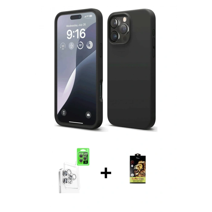 MARSİLYAN™- iPhone 16 Pro Max Kılıf Ahenk Serisi - Siyah Buffer Cam Ekran Koruyucu + Raze Metal Kamera Lens - BZ