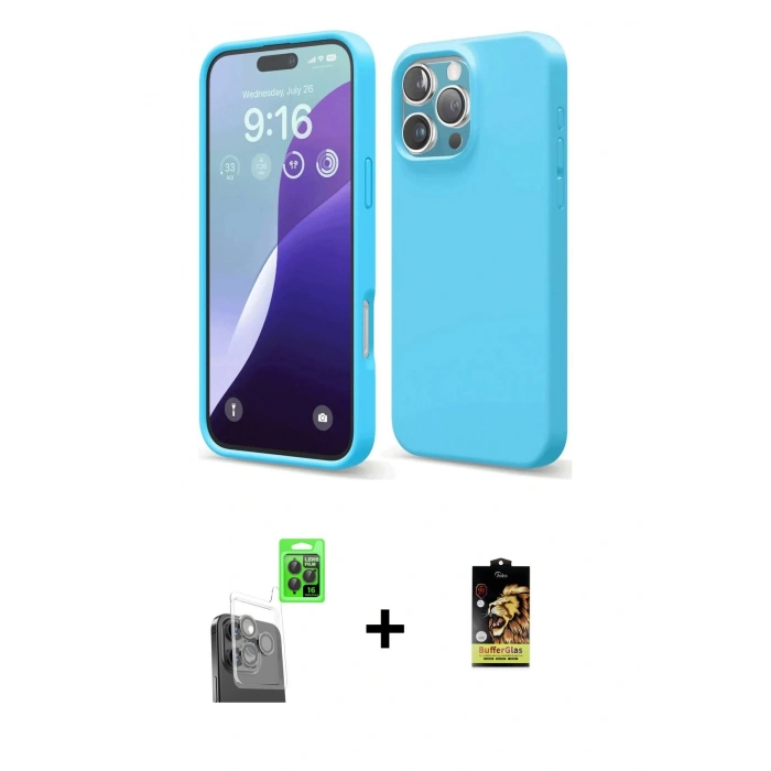 MARSİLYAN™- iPhone 16 Pro Max Kılıf Ahenk Serisi - Siyah Buffer Cam Ekran Koruyucu + Raze Metal Kamera Lens - SH