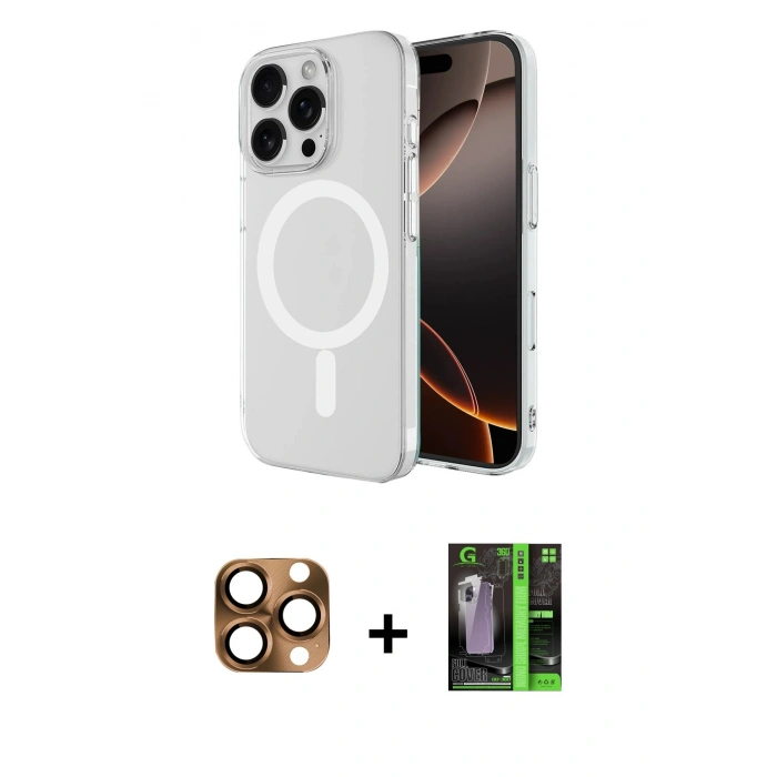 MARSİLYAN™- iPhone 16 Pro Max Kılıf Ahenk Yansıma Prime - Şeffaf 360 Full Body Arka Koruyucu + Pers Alüminyum Kamera Lens - CLTM