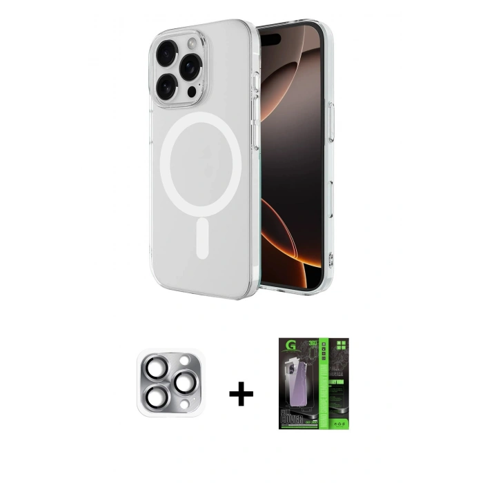 MARSİLYAN™- iPhone 16 Pro Max Kılıf Ahenk Yansıma Prime - Şeffaf 360 Full Body Arka Koruyucu + Pers Alüminyum Kamera Lens - GI