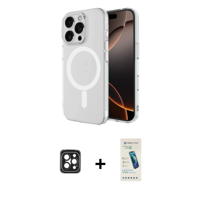MARSİLYAN™- iPhone 16 Pro Max Kılıf Ahenk Yansıma Prime - Şeffaf Pasifik Cam Ekran Koruyucu + PVD Metal Kamera Lens - SH