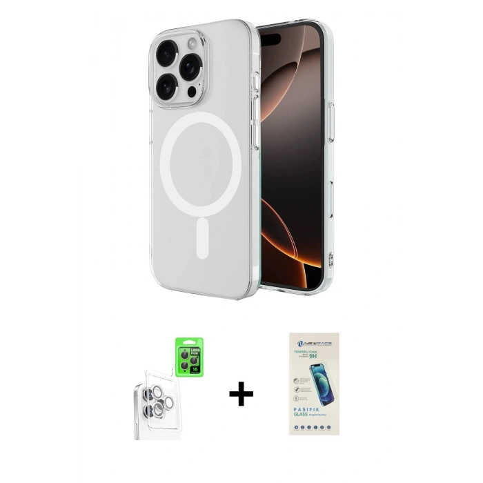 MARSİLYAN™- iPhone 16 Pro Max Kılıf Ahenk Yansıma Prime - Şeffaf Pasifik Cam Ekran Koruyucu + Raze Metal Kamera Lens - BZ