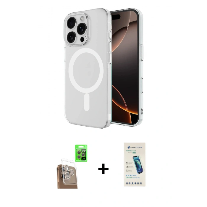 MARSİLYAN™- iPhone 16 Pro Max Kılıf Ahenk Yansıma Prime - Şeffaf Pasifik Cam Ekran Koruyucu + Raze Metal Kamera Lens - CLTM