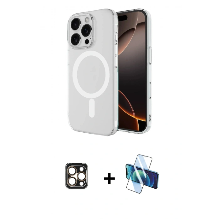 MARSİLYAN™- iPhone 16 Pro Max Kılıf Ahenk Yansıma Prime - Siyah 3D Antistatik Cam Ekran Koruyucu + PVD Metal Kamera Lens - GD