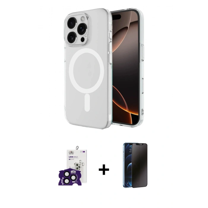 MARSİLYAN™- iPhone 16 Pro Max Kılıf Ahenk Yansıma Prime - Siyah 3D Antistatik Hayalet Cam Ekran Koruyucu + Bilvis Titan Kamera Lens - SH
