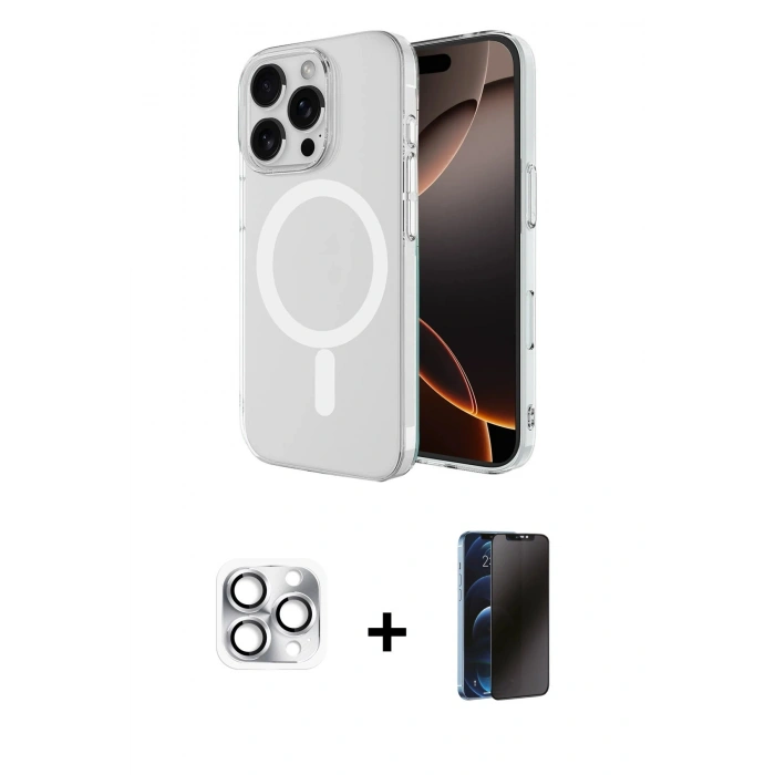 MARSİLYAN™- iPhone 16 Pro Max Kılıf Ahenk Yansıma Prime - Siyah 3D Antistatik Hayalet Cam Ekran Koruyucu + Pers Alüminyum Kamera Lens - GS