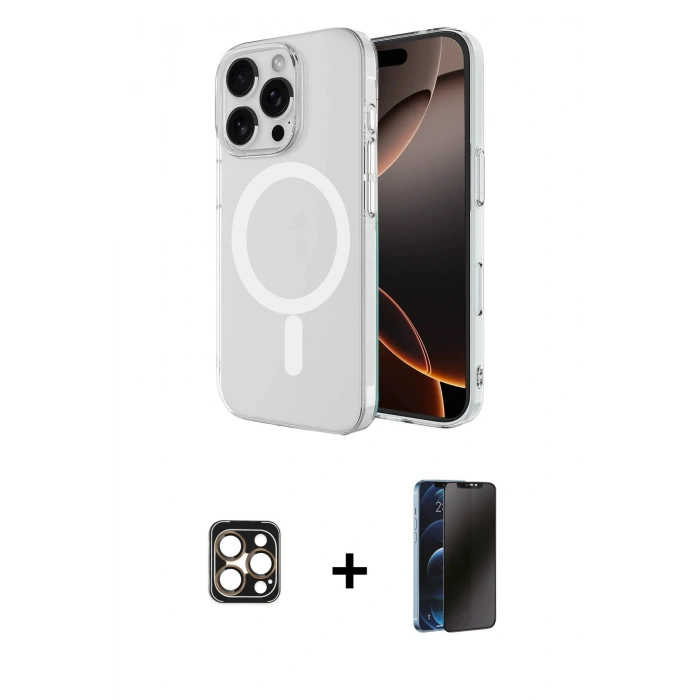 MARSİLYAN™- iPhone 16 Pro Max Kılıf Ahenk Yansıma Prime - Siyah 3D Antistatik Hayalet Cam Ekran Koruyucu + PVD Metal Kamera Lens - GD