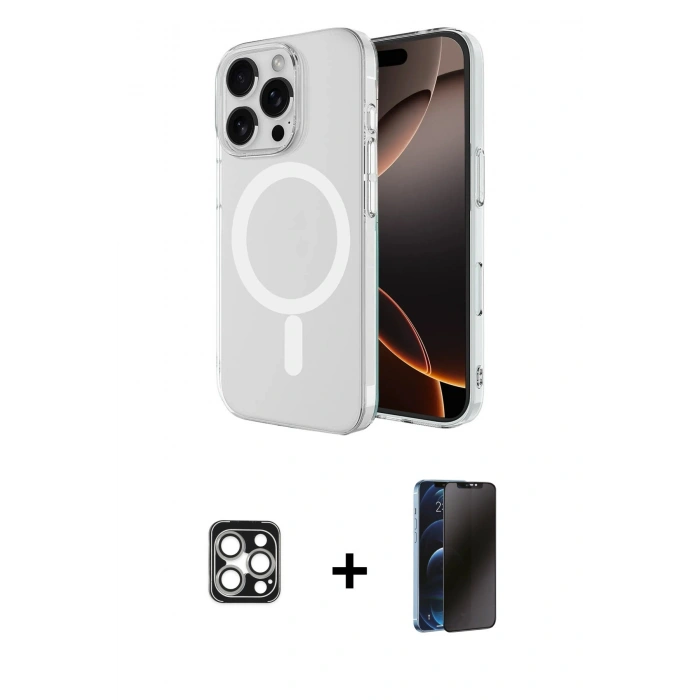 MARSİLYAN™- iPhone 16 Pro Max Kılıf Ahenk Yansıma Prime - Siyah 3D Antistatik Hayalet Cam Ekran Koruyucu + PVD Metal Kamera Lens - GS