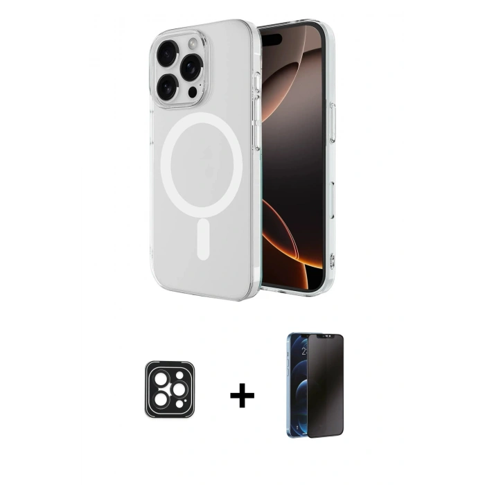 MARSİLYAN™- iPhone 16 Pro Max Kılıf Ahenk Yansıma Prime - Siyah 3D Antistatik Hayalet Cam Ekran Koruyucu + PVD Metal Kamera Lens - SH