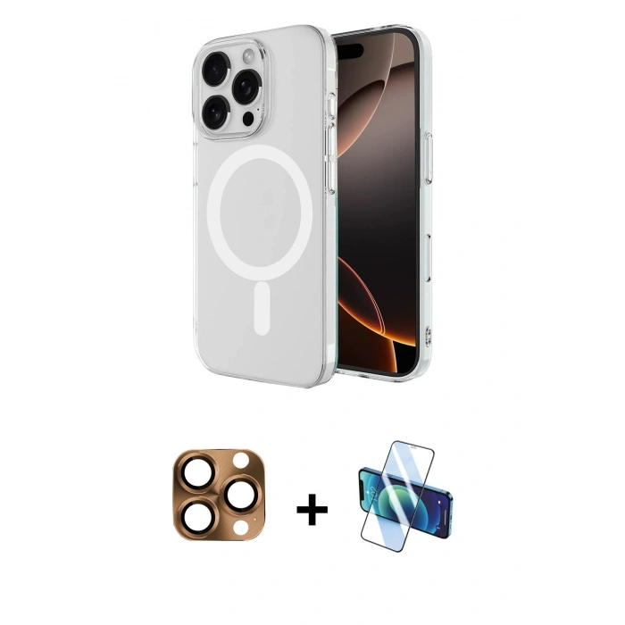 MARSİLYAN™- iPhone 16 Pro Max Kılıf Ahenk Yansıma Prime - Siyah 3D Antistatik Seramik Nano Ekran Koruyucu + Çöl Titanyum Pers Alüminyum Kamera Lens