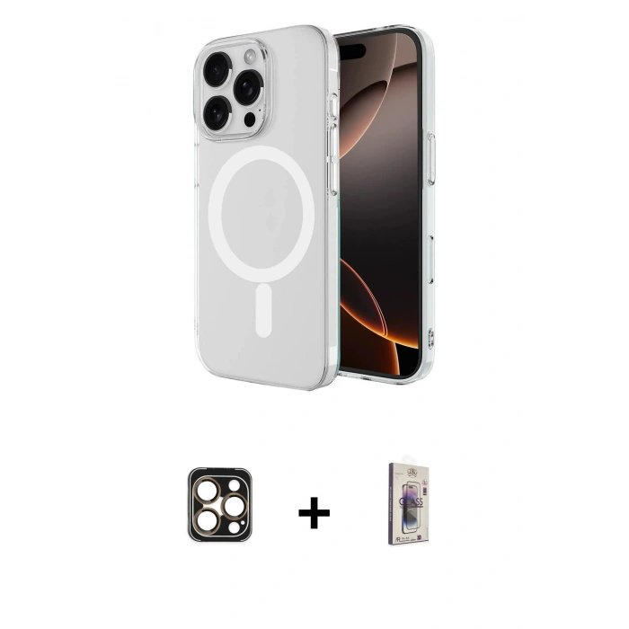 MARSİLYAN™- iPhone 16 Pro Max Kılıf Ahenk Yansıma Prime - Siyah Bilvis 3D Cam Ekran Koruyucu + PVD Metal Kamera Lens - GD