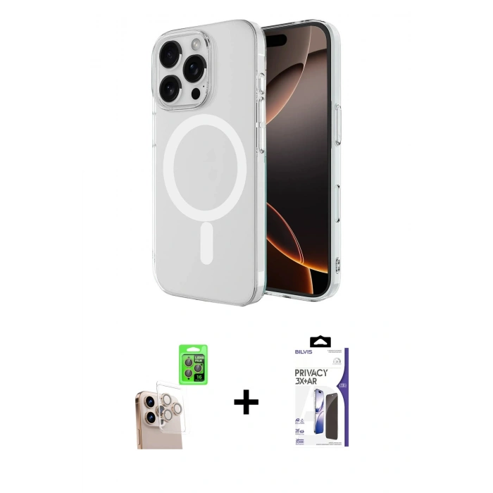 MARSİLYAN™- iPhone 16 Pro Max Kılıf Ahenk Yansıma Prime - Siyah Bilvis 3X AR Hayalet Cam Ekran Koruyucu + Raze Metal Kamera Lens - NLGY