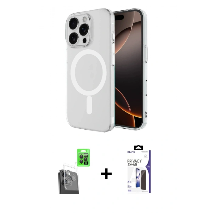 MARSİLYAN™- iPhone 16 Pro Max Kılıf Ahenk Yansıma Prime - Siyah Bilvis 3X AR Hayalet Cam Ekran Koruyucu + Raze Metal Kamera Lens - SH