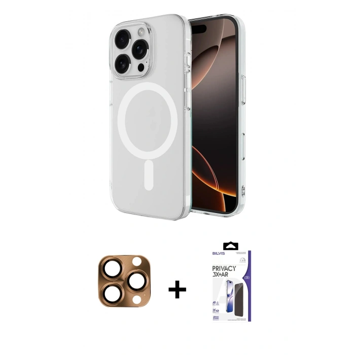 MARSİLYAN™- iPhone 16 Pro Max Kılıf Ahenk Yansıma Prime - Siyah Bilvis 3X AR Hayalet Cam Ekran Koruyucu + Pers Alüminyum Kamera Lens - CLTM