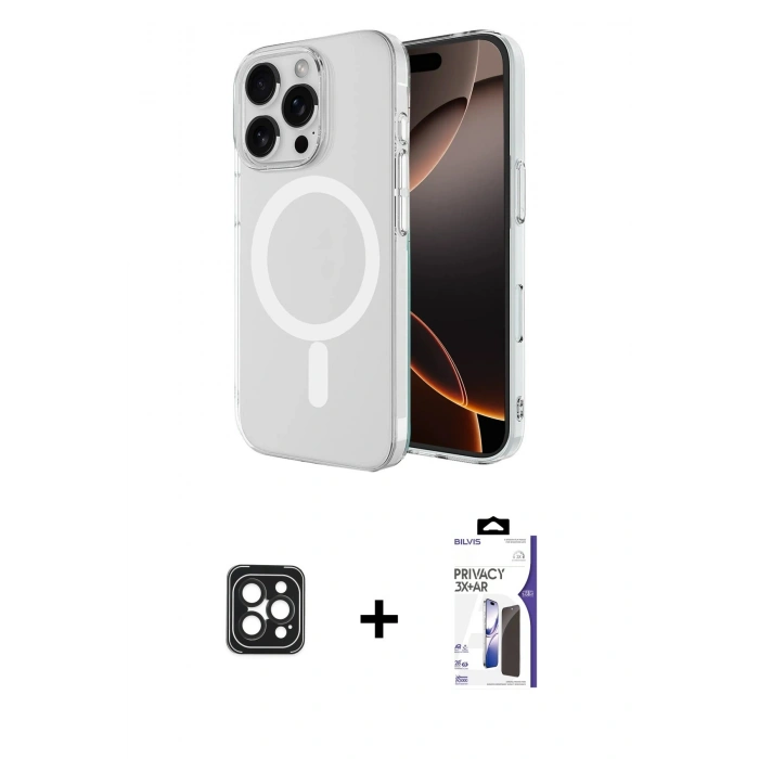 MARSİLYAN™- iPhone 16 Pro Max Kılıf Ahenk Yansıma Prime - Siyah Bilvis 3X AR Hayalet Cam Ekran Koruyucu + PVD Metal Kamera Lens - SH