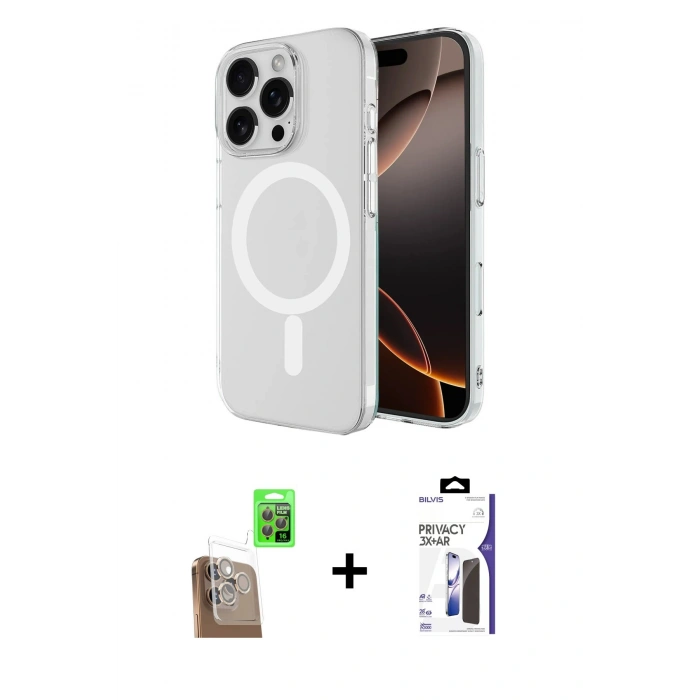 MARSİLYAN™- iPhone 16 Pro Max Kılıf Ahenk Yansıma Prime - Siyah Bilvis 3X AR Hayalet Cam Ekran Koruyucu + Raze Metal Kamera Lens - CLTM
