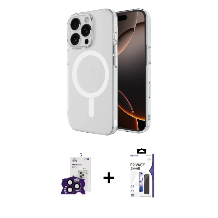 MARSİLYAN™- iPhone 16 Pro Max Kılıf Ahenk Yansıma Prime - Siyah Bilvis 3X AR Hayalet Cam Ekran Koruyucu + Bilvis Titan Kamera Lens - SH