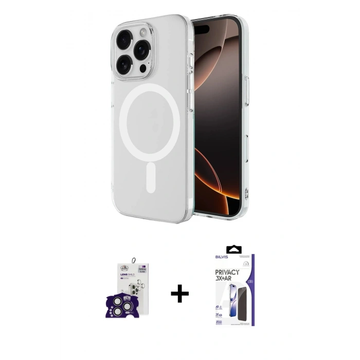 MARSİLYAN™- iPhone 16 Pro Max Kılıf Ahenk Yansıma Prime - Siyah Bilvis 3X AR Hayalet Cam Ekran Koruyucu + Bilvis Titan Kamera Lens - TMGI