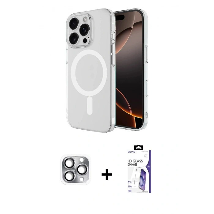 MARSİLYAN™- iPhone 16 Pro Max Kılıf Ahenk Yansıma Prime - Siyah Bilvis 3X AR HD Cam Ekran Koruyucu + Pers Alüminyum Kamera Lens - GI