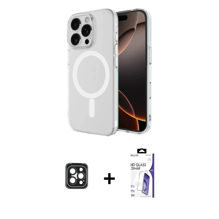 MARSİLYAN™- iPhone 16 Pro Max Kılıf Ahenk Yansıma Prime - Siyah Bilvis 3X AR HD Cam Ekran Koruyucu + PVD Metal Kamera Lens - SH