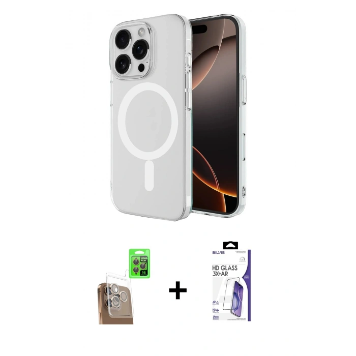MARSİLYAN™- iPhone 16 Pro Max Kılıf Ahenk Yansıma Prime - Siyah Bilvis 3X AR HD Cam Ekran Koruyucu + Raze Metal Kamera Lens - CLTM
