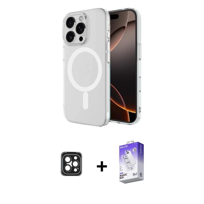 MARSİLYAN™- iPhone 16 Pro Max Kılıf Ahenk Yansıma Prime - Siyah Bilvis 5in1 3D Magic Cam Ekran Koruyucu + PVD Metal Kamera Lens - SH