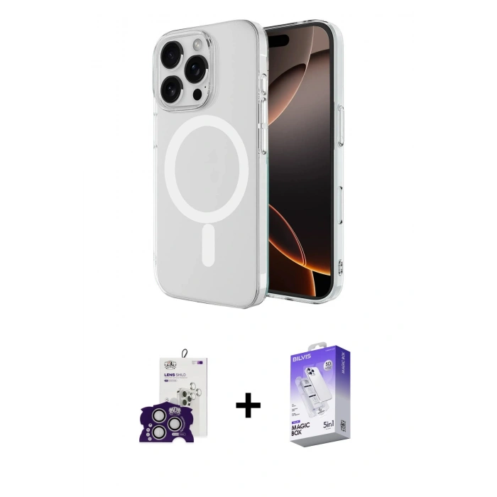 MARSİLYAN™- iPhone 16 Pro Max Kılıf Ahenk Yansıma Prime - Siyah Bilvis 5in1 3D Magic Cam Ekran Koruyucu + Gümüş Bilvis Titan Kamera Lens