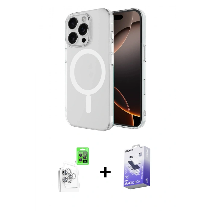 MARSİLYAN™- iPhone 16 Pro Max Kılıf Ahenk Yansıma Prime - Siyah Bilvis 5in1 5D Magic Hayalet Cam Ekran Koruyucu + Raze Metal Kamera Lens - BZ
